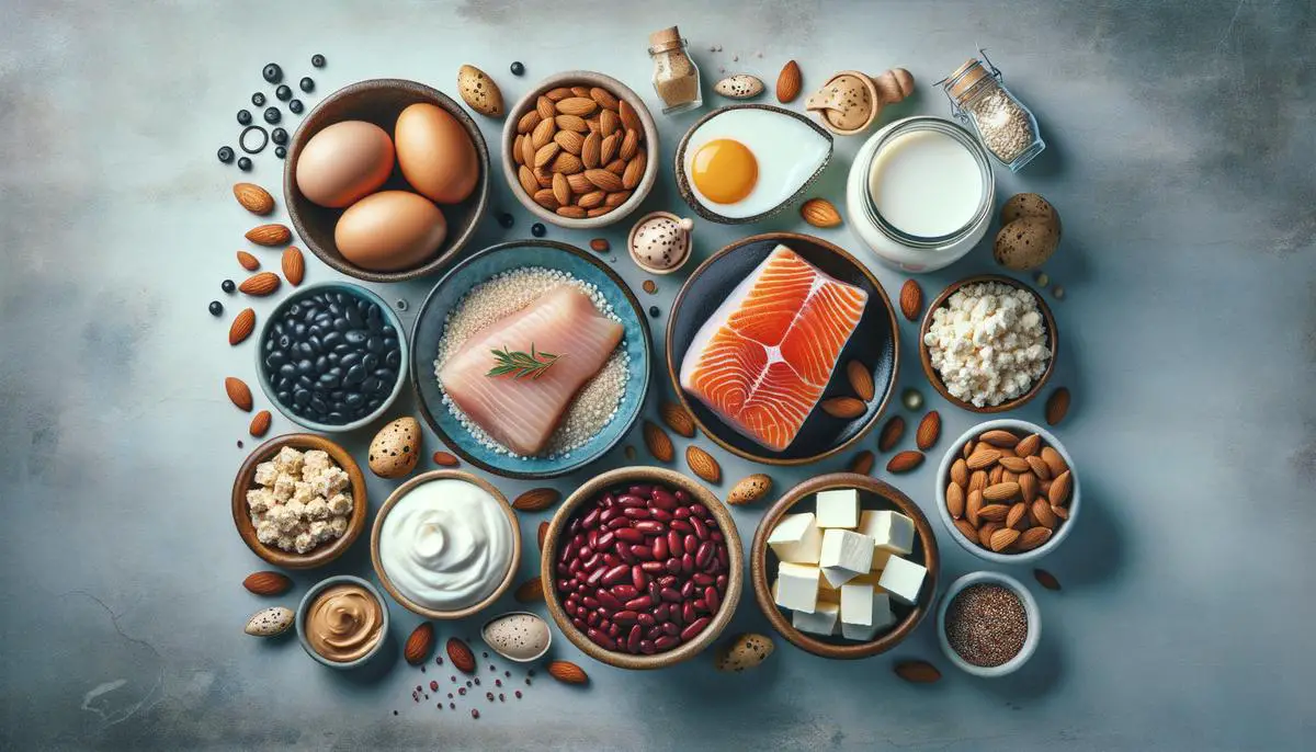 A visually appealing spread of protein-rich foods beneficial for hair health, including eggs, lean poultry, beans, salmon, Greek yogurt, tofu, almonds, peanut butter, and quinoa