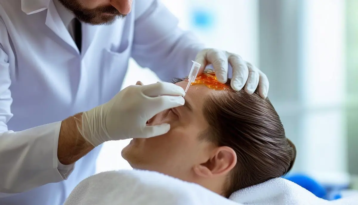 A medical professional performing PRP therapy on a patient's scalp