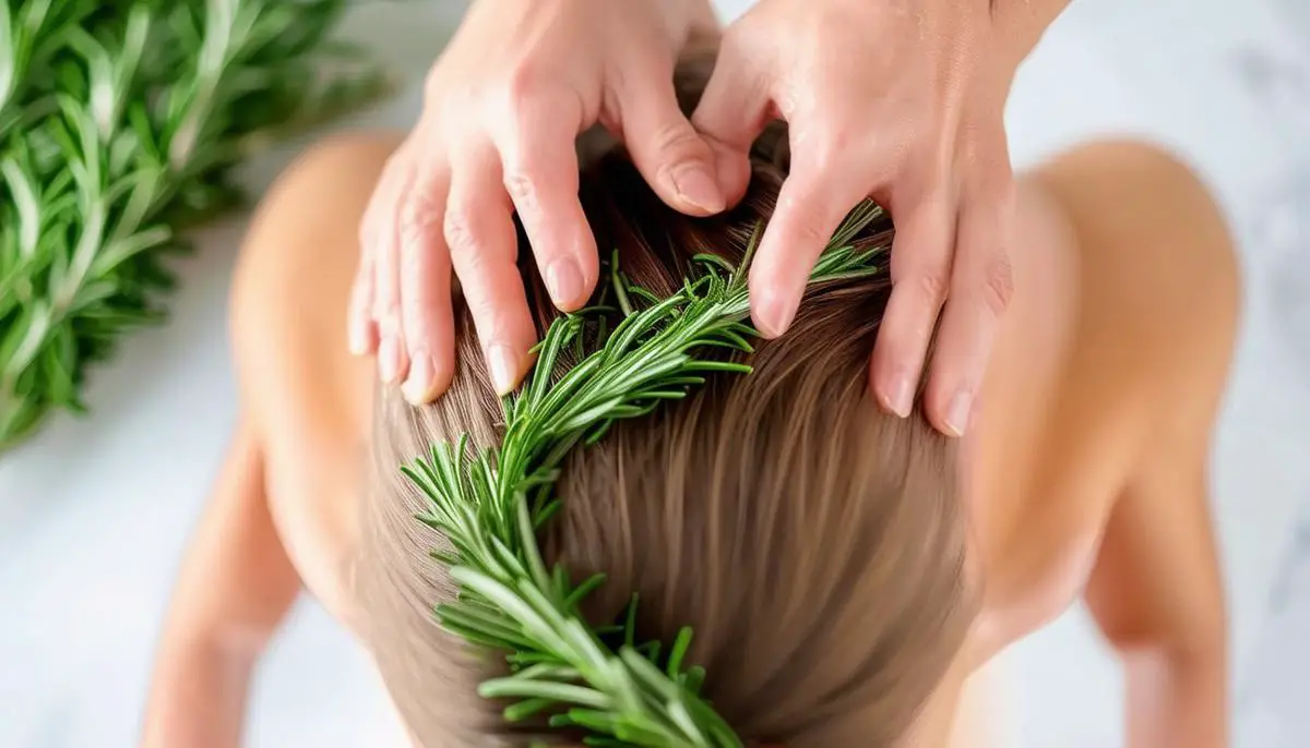 A person massaging rosemary oil into their scalp, with fresh rosemary sprigs nearby