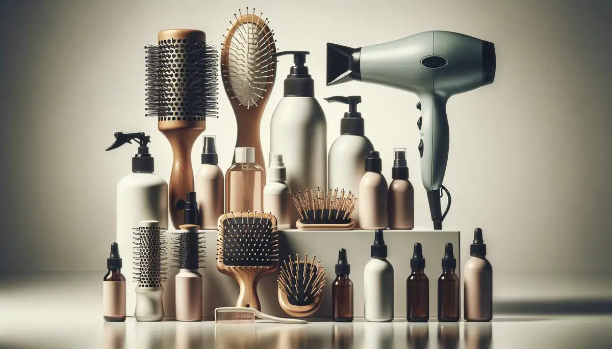 A collection of scalp care tools including a natural bristle brush, cool setting hairdryer, and scalp-friendly hair products