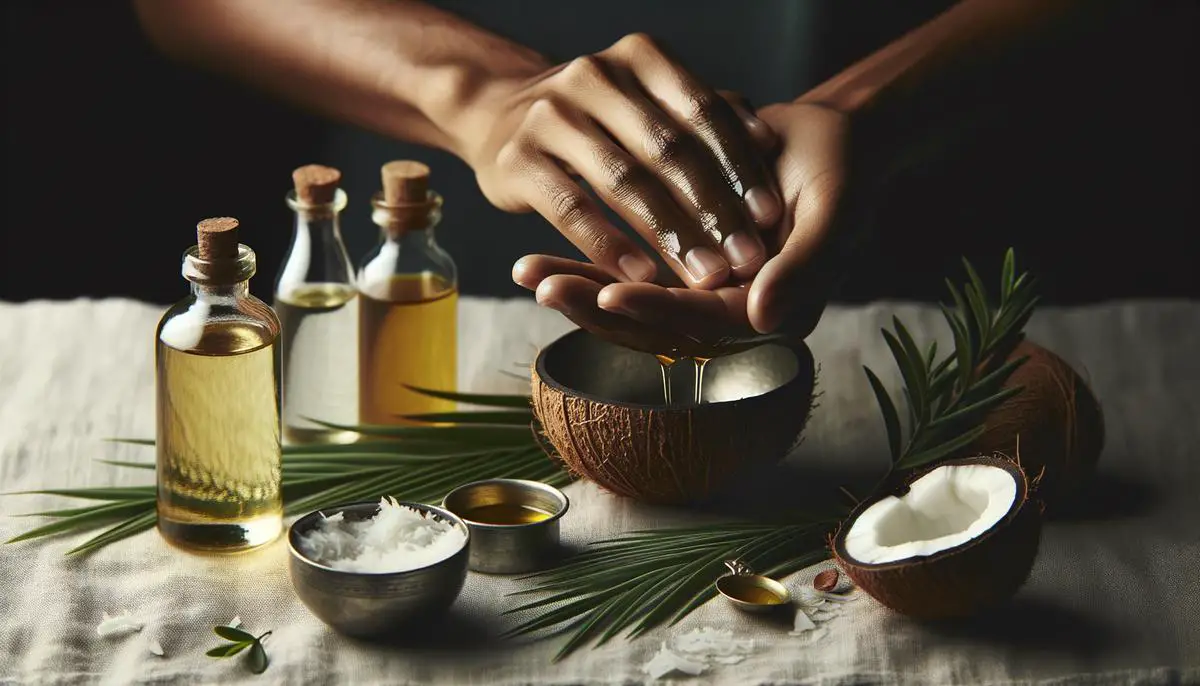 A person gently massaging their scalp with nourishing oil, surrounded by natural ingredients like coconut, argan oil bottles, and tea tree leaves