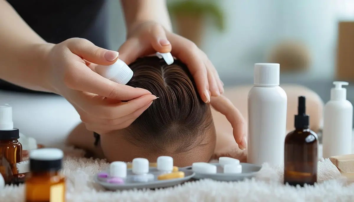 A person applying a medicated solution to their scalp while surrounded by various scalp care products and stress management tools