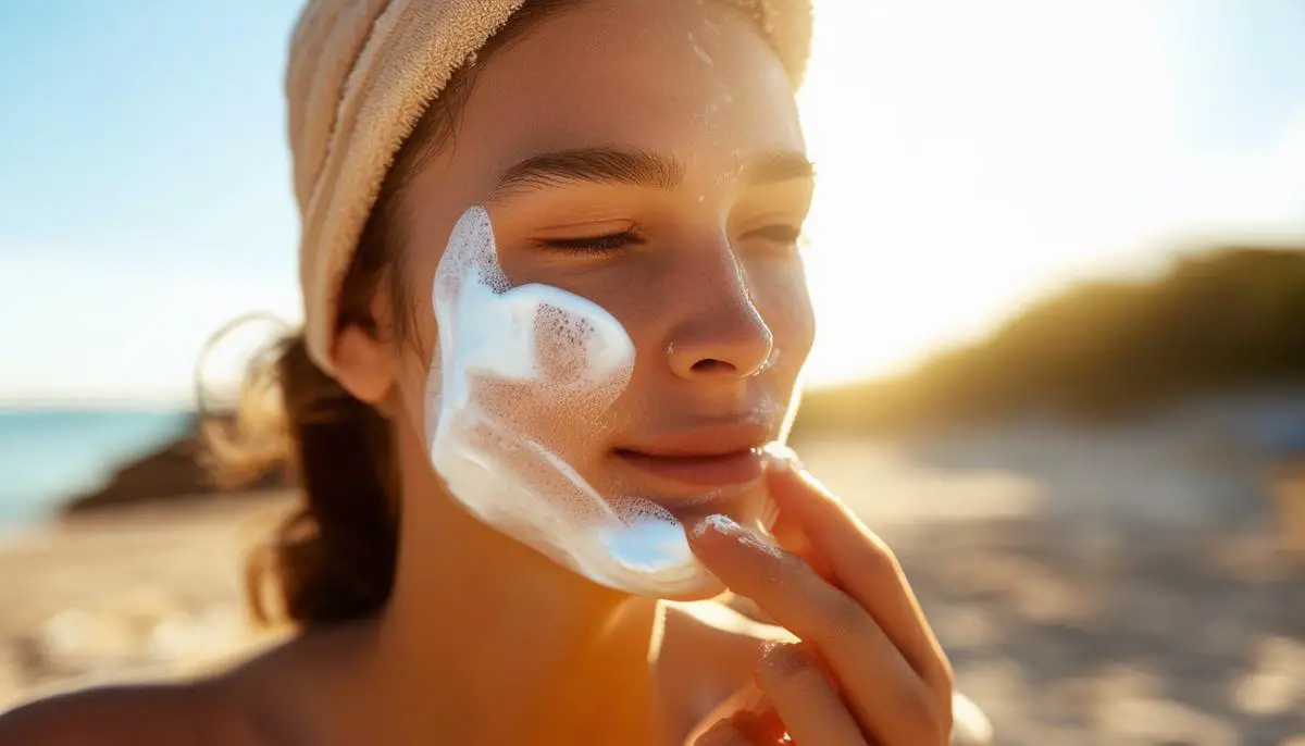 A person applying sunscreen to their face while outdoors on a sunny day