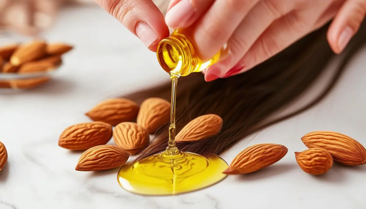 A person applying sweet almond oil to the ends of their hair, with almonds scattered nearby