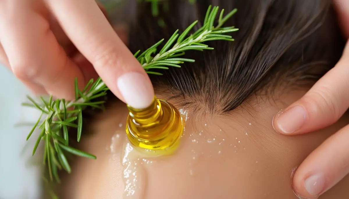 A close-up of tea tree oil being applied to a person's scalp to treat dandruff