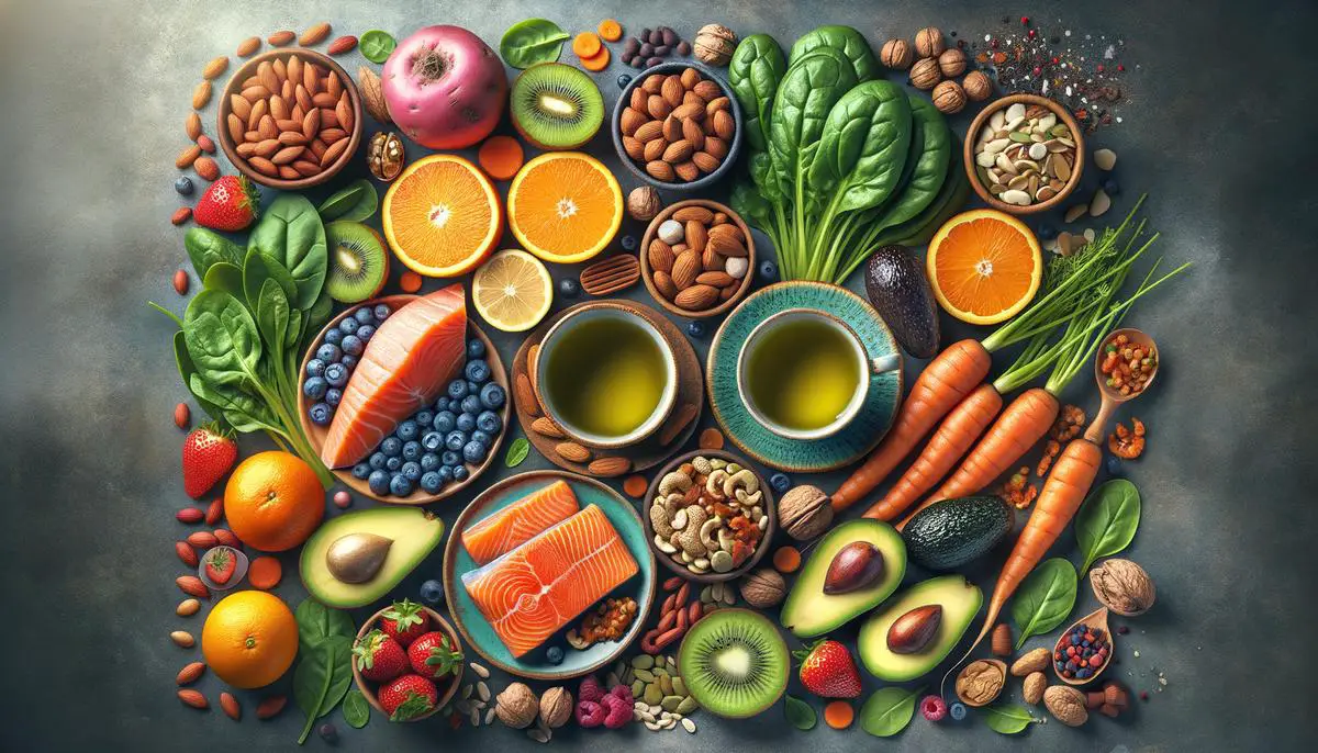 A vibrant assortment of foods rich in vitamins and antioxidants for hair health, featuring sweet potatoes, carrots, spinach, citrus fruits, strawberries, kiwi, salmon, nuts, seeds, avocados, blueberries, and green tea