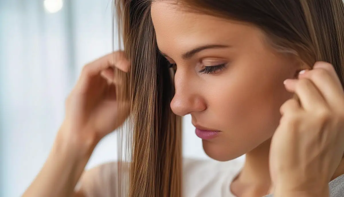 A woman closely examining her hair ends for signs of damage and split ends