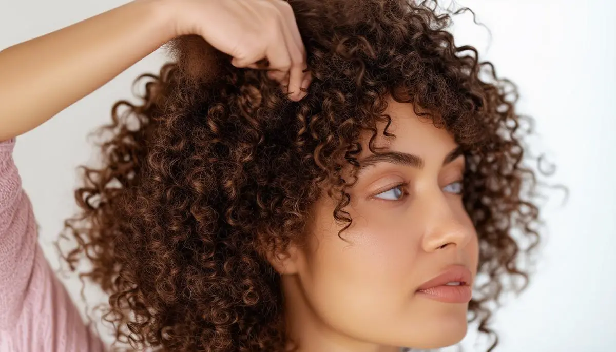 Woman with curly hair demonstrating a styling technique