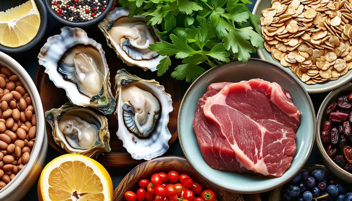 A collection of foods rich in zinc and iron, crucial for hair growth, including oysters, fortified cereals, beans, and lean red meat